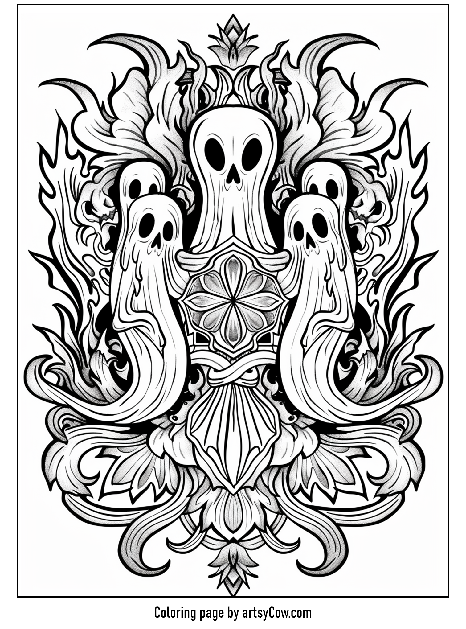 halloween ghost mandala featuring a series of ghostly figures surrounded by intricate flames and floral designs.